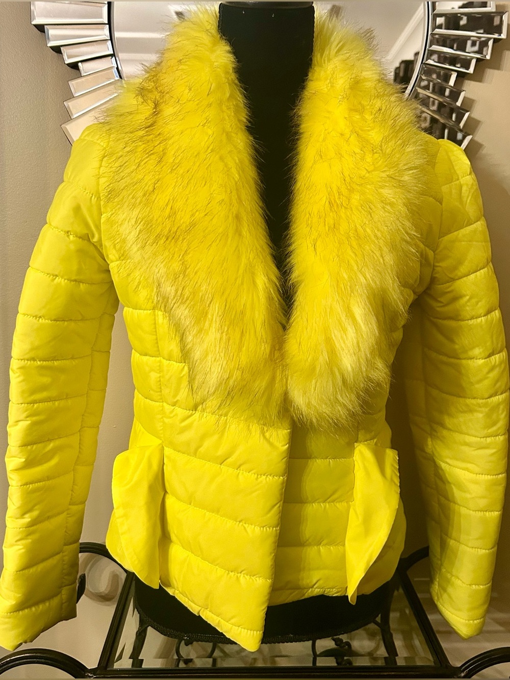 Bright Yellow Quilted Puffer Jacket with Faux-Fur Collar